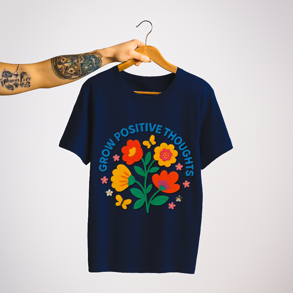 SoulThread “Grow Positive Thoughts” 🌼 Good-Vibes Tee – Embroidered Floral Design | Free Shipping | Made In India