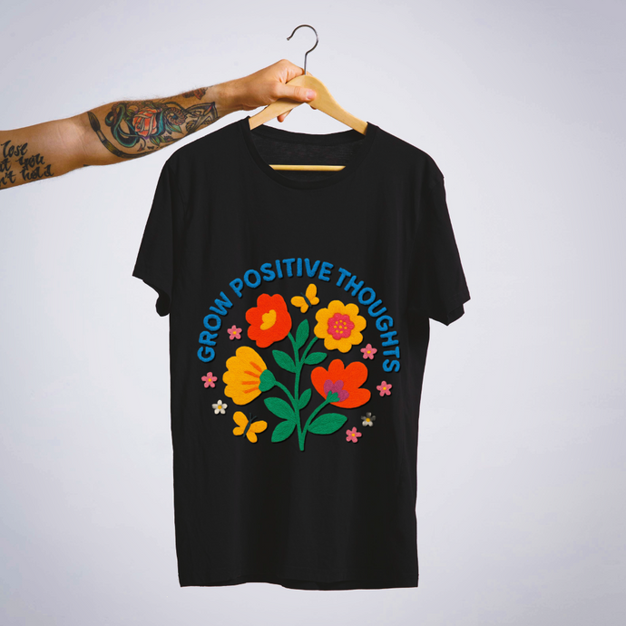 SoulThread “Grow Positive Thoughts” 🌼 Good-Vibes Tee – Embroidered Floral Design | Free Shipping | Made In India