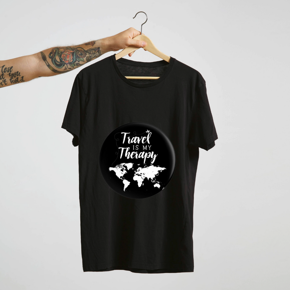 SoulThread Travel is My Therapy Shirt – Wanderlust World Map Tee, Inspirational Travel Quote T-shirt, Vacation Gift for Travellers.