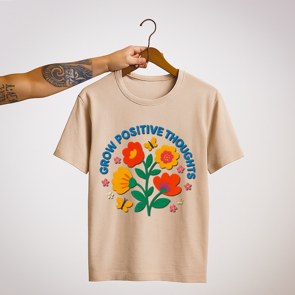 SoulThread “Grow Positive Thoughts” 🌼 Good-Vibes Tee – Embroidered Floral Design | Free Shipping | Made In India