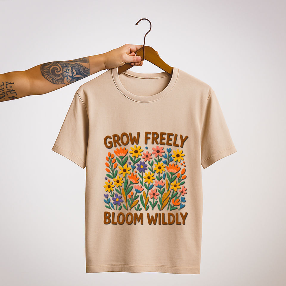 SoulThread “Grow Freely, Bloom Wildly” 🌸 Floral DTF Print Tee – Good-Vibes Collection | Free Shipping | Made In India