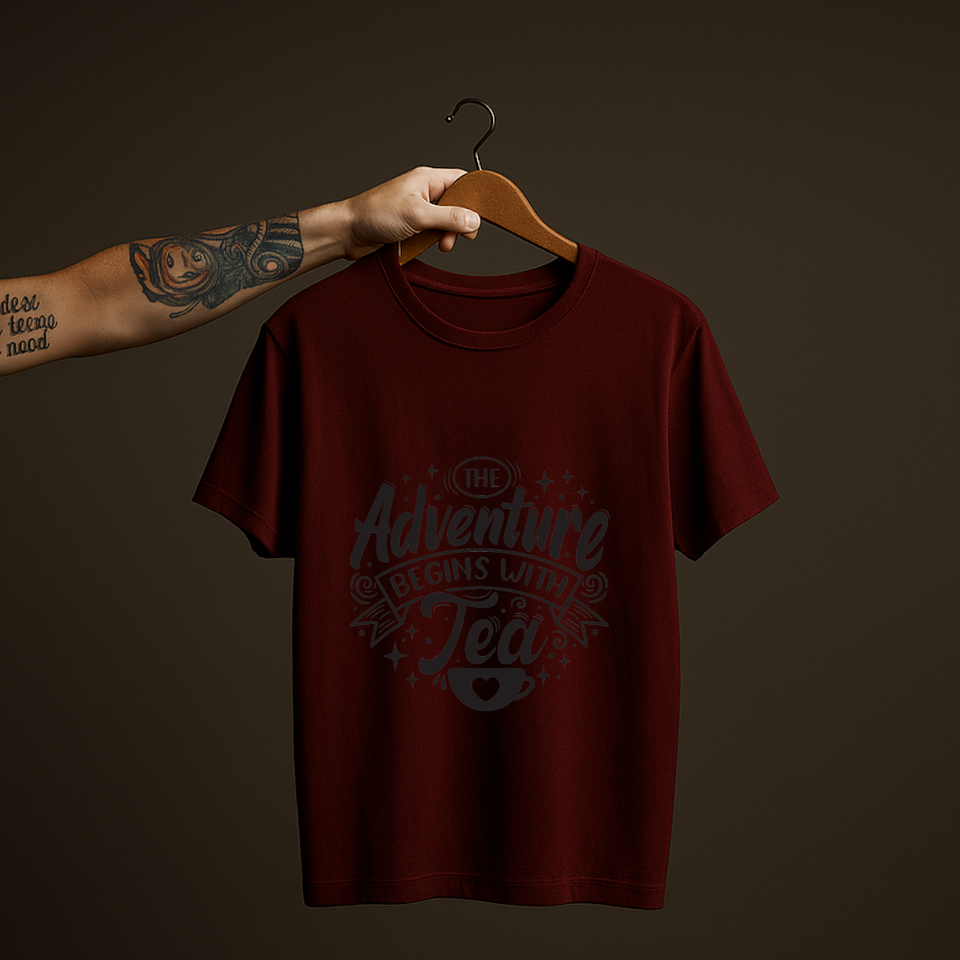 SoulThread “The Adventure Begins with Tea” T-Shirt – Funny Tea Lover Tee | 100% Cotton Unisex (Made in India)