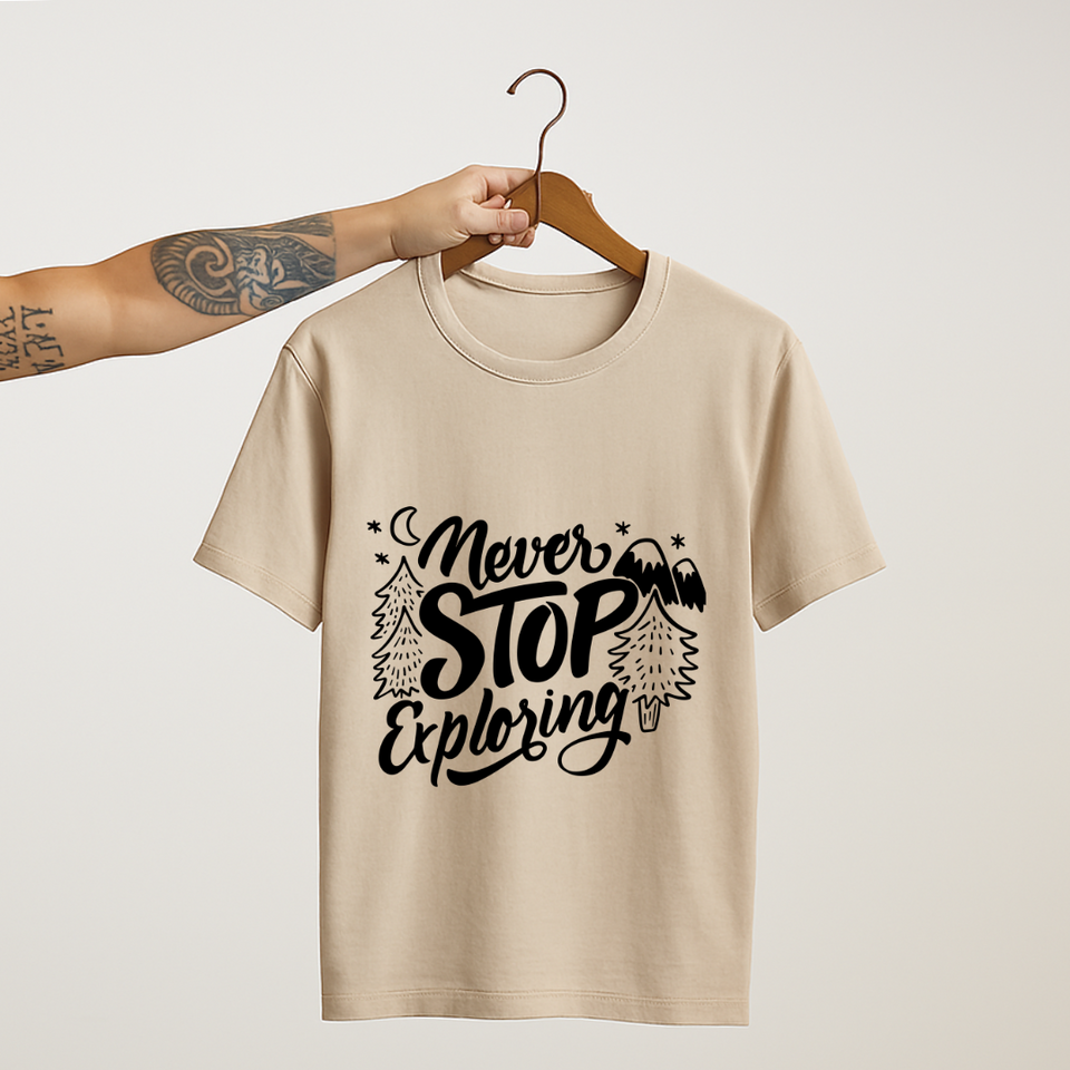 SoulThread “Never Stop Exploring” T-Shirt – Adventure Travel Quote Tee | Unisex 100% Cotton | Made in India