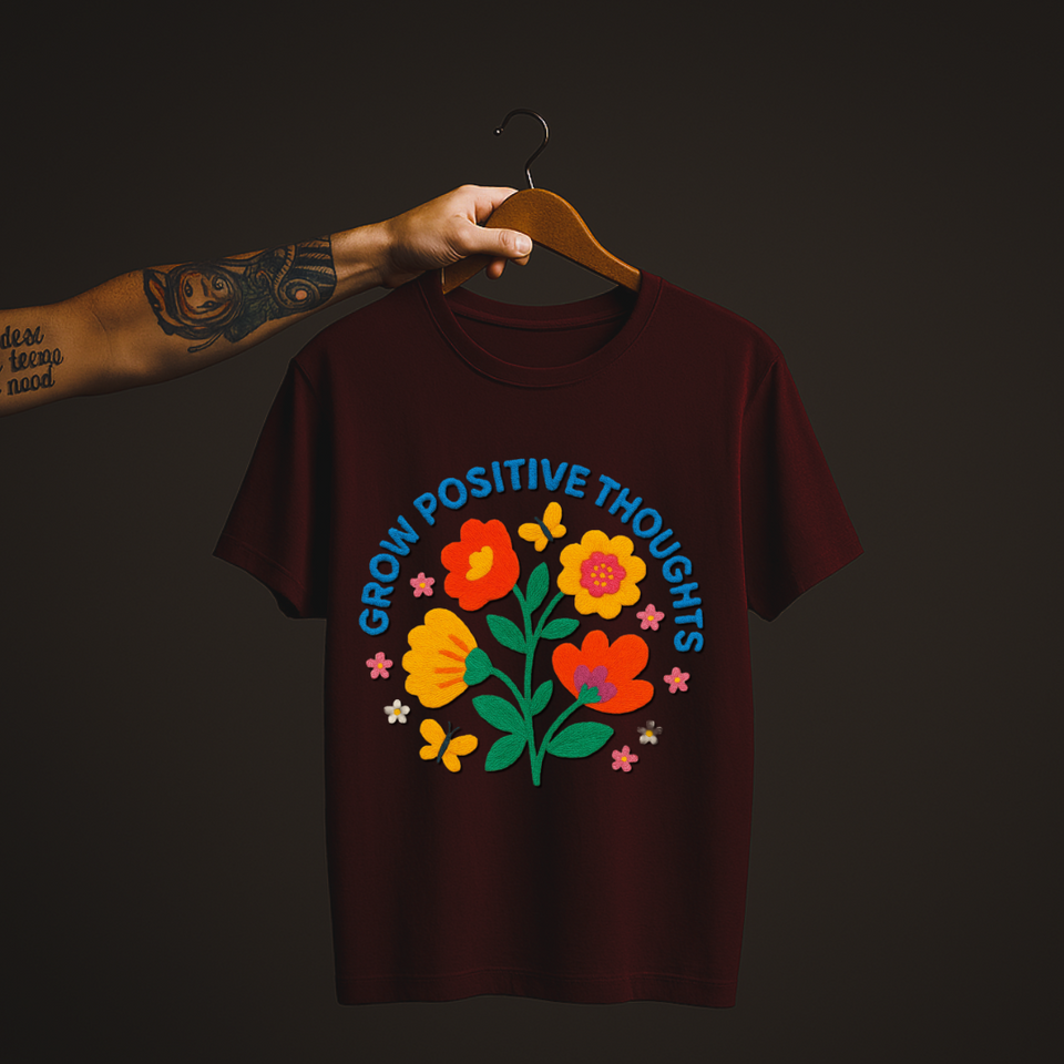 SoulThread “Grow Positive Thoughts” 🌼 Good-Vibes Tee – Embroidered Floral Design | Free Shipping | Made In India