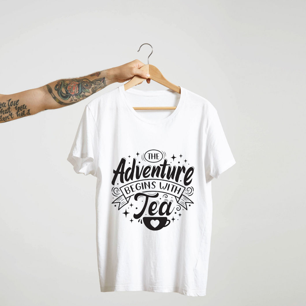 SoulThread “The Adventure Begins with Tea” T-Shirt – Funny Tea Lover Tee | 100% Cotton Unisex (Made in India)