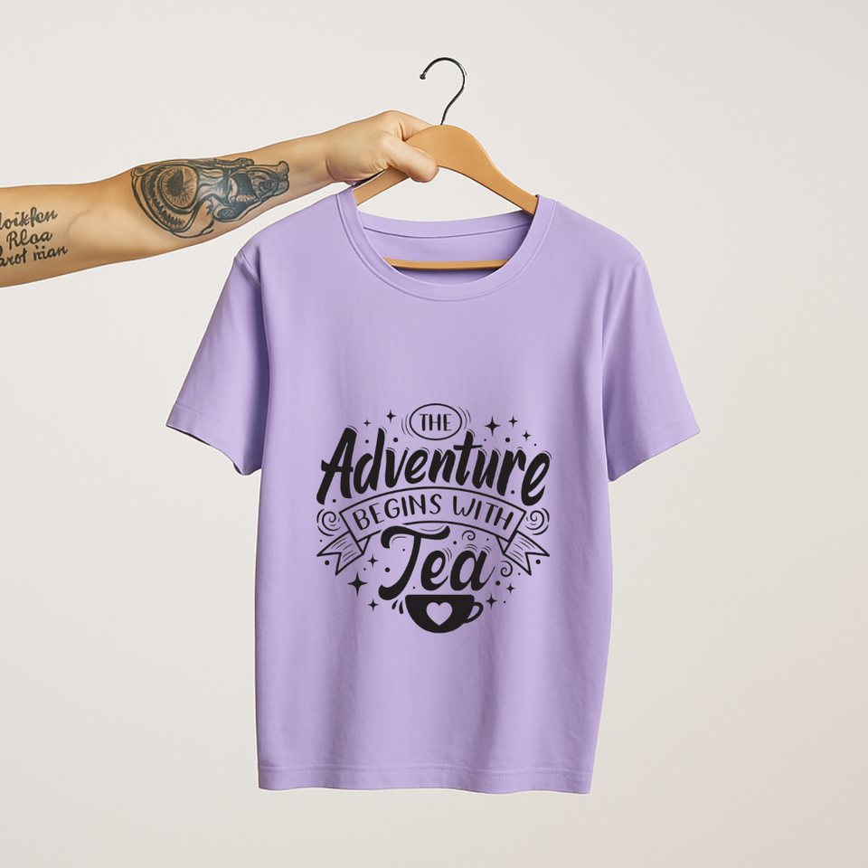 SoulThread “The Adventure Begins with Tea” T-Shirt – Funny Tea Lover Tee | 100% Cotton Unisex (Made in India)