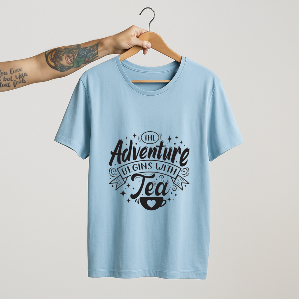 SoulThread “The Adventure Begins with Tea” T-Shirt – Funny Tea Lover Tee | 100% Cotton Unisex (Made in India)