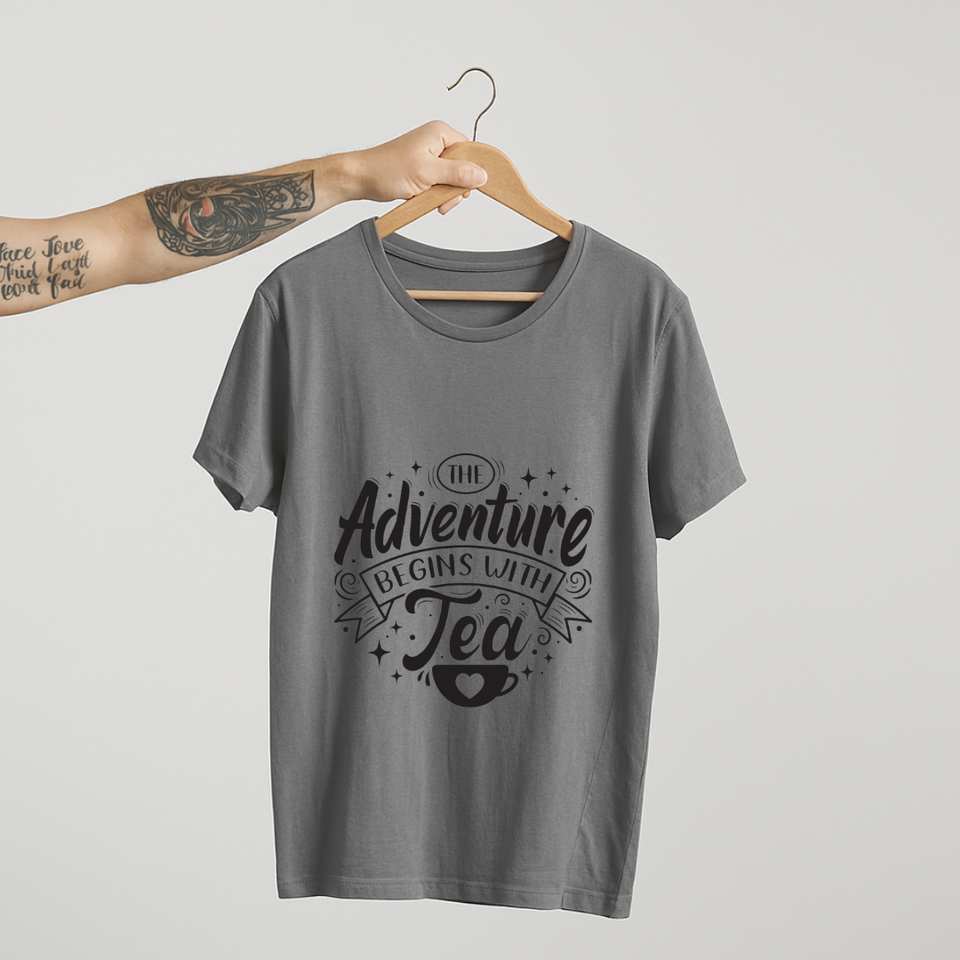 SoulThread “The Adventure Begins with Tea” T-Shirt – Funny Tea Lover Tee | 100% Cotton Unisex (Made in India)