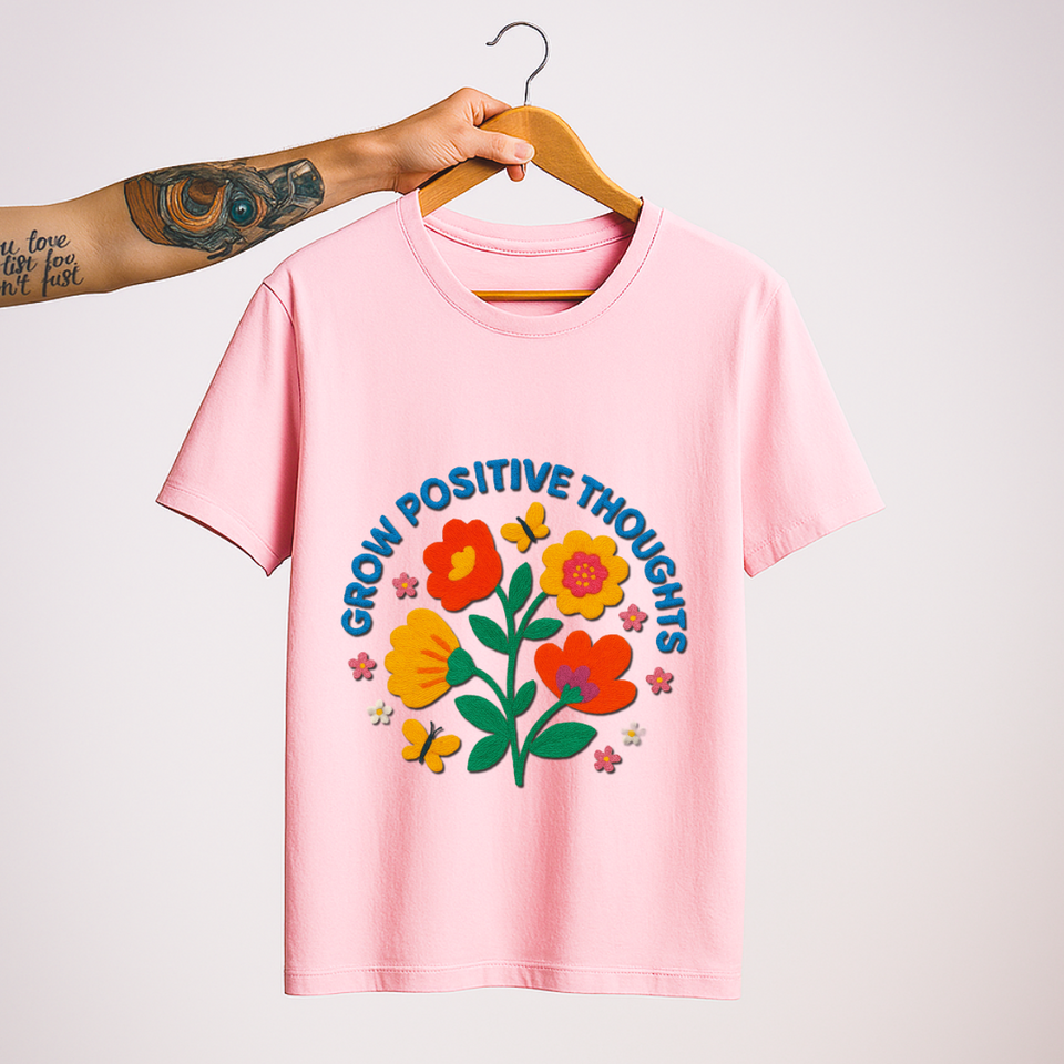 SoulThread “Grow Positive Thoughts” 🌼 Good-Vibes Tee – Embroidered Floral Design | Free Shipping | Made In India