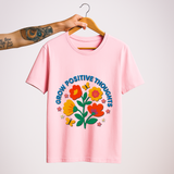 SoulThread “Grow Positive Thoughts” 🌼 Good-Vibes Tee – Embroidered Floral Design | Free Shipping | Made In India