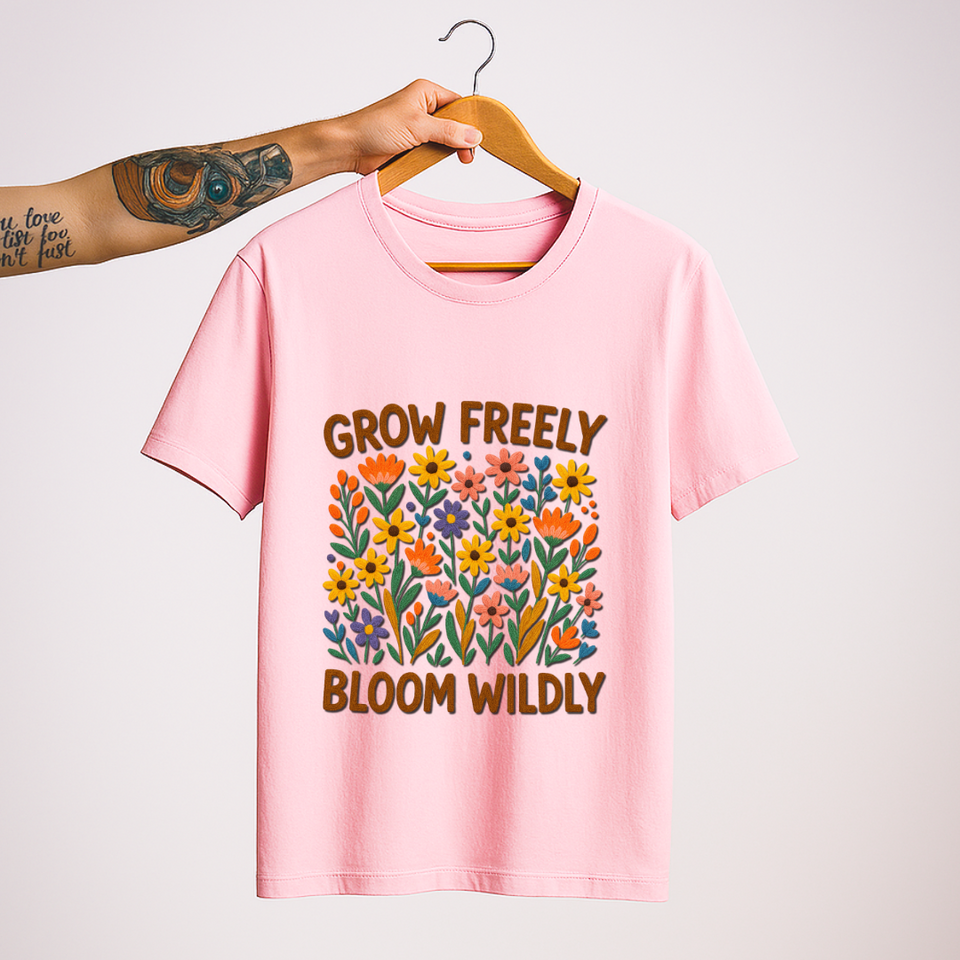 SoulThread “Grow Freely, Bloom Wildly” 🌸 Floral DTF Print Tee – Good-Vibes Collection | Free Shipping | Made In India