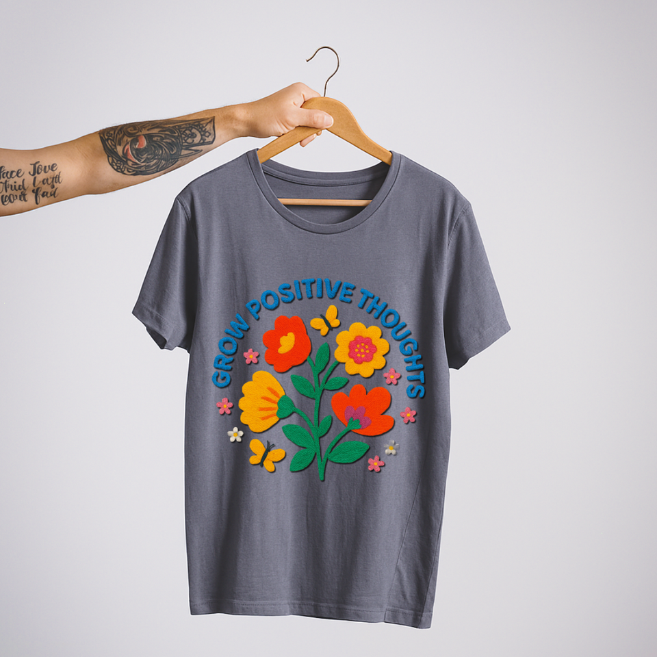 SoulThread “Grow Positive Thoughts” 🌼 Good-Vibes Tee – Embroidered Floral Design | Free Shipping | Made In India